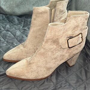 Suede Pointed Toe Ankle Boots in Beige with Buckle